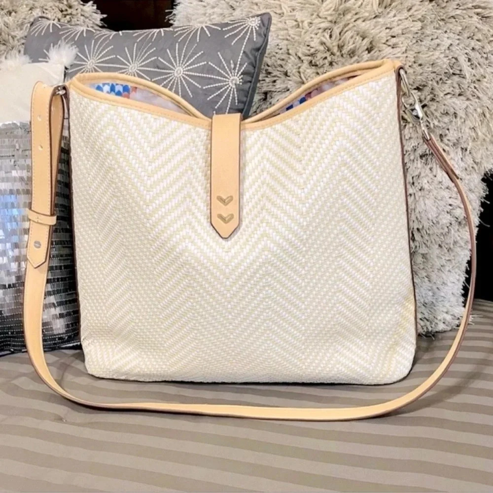 Stella & Dot Cream Woven Crossbody Tote with Tan Trim